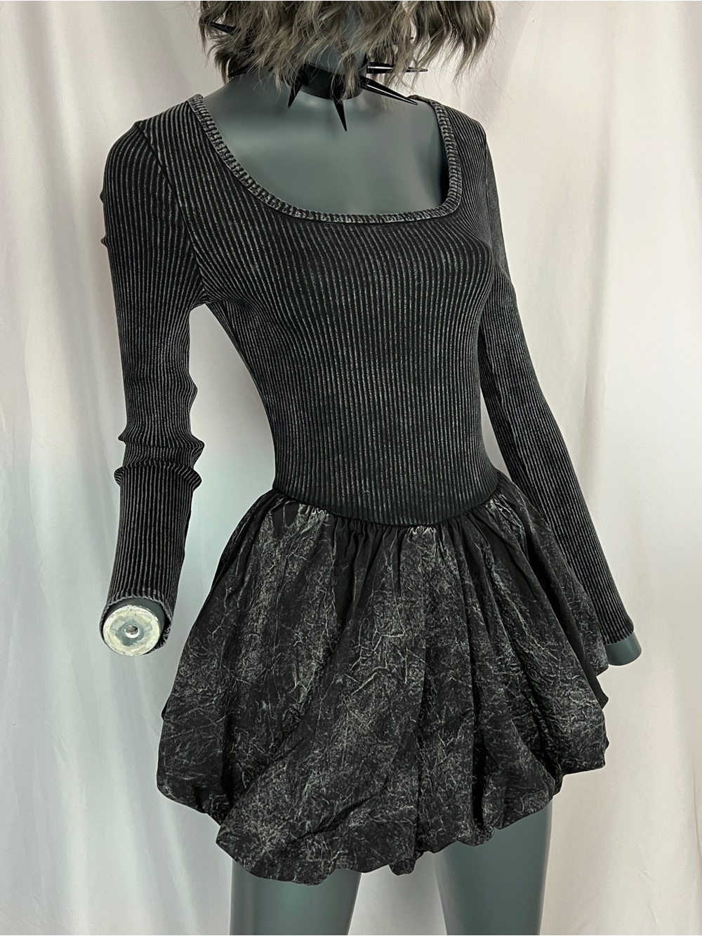 Charcoal Grey Distressed Ribbed Long Sleeve Bubble Party Dress